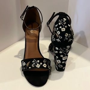 Black Suede Block Heels with Floral Embroidery - Mari A size 8